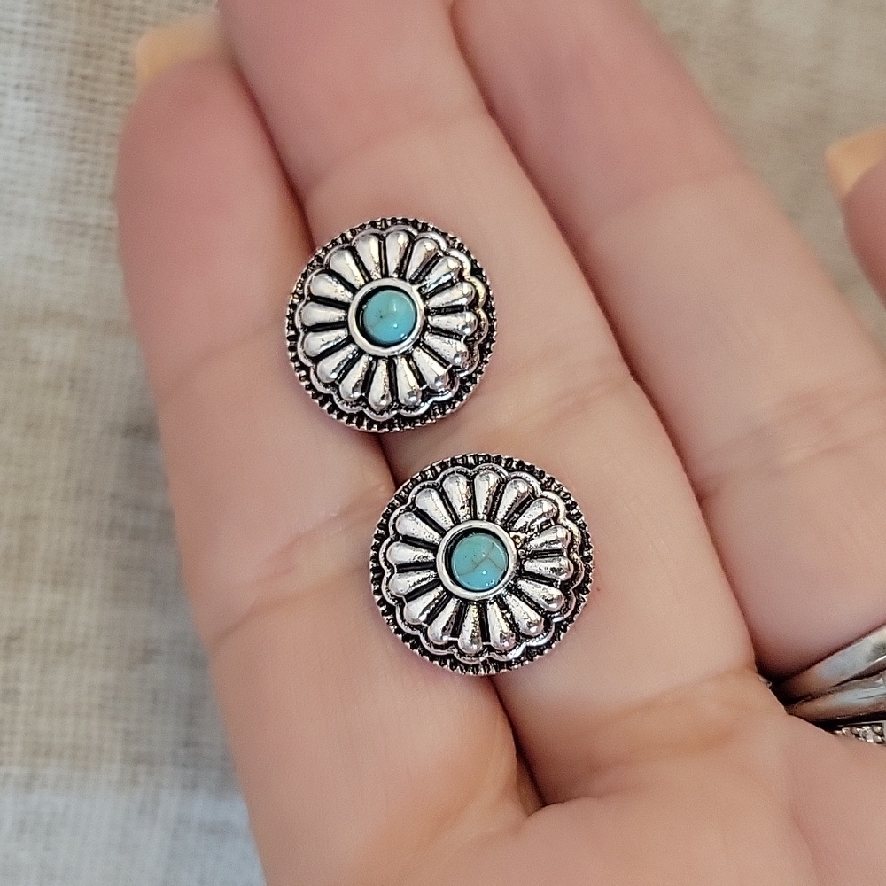 Turquoise Silver Floral Concho Stud Earrings